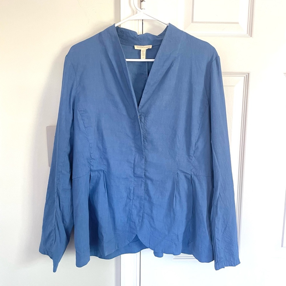 Eileen Fisher Organic Linen Blend Jacket L Stand Collar Zip Front Blue Peplum